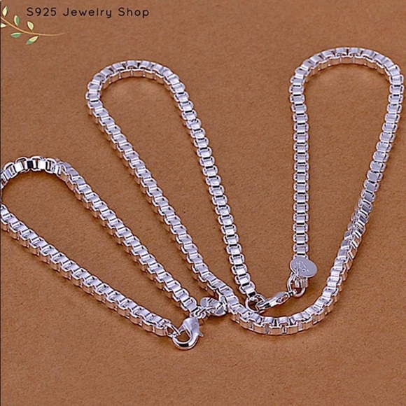STERLING SILVER BOX CHAIN LINK NECKLACE BRACELET MATCHING SET - Picture 1 of 6